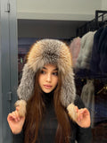 Real Fox Fur Ushanka Hat | Black Winter Russian Hat with Pom Poms | Frost Golden Fox Fur Trapper Hat Women | Cold Weather Gift