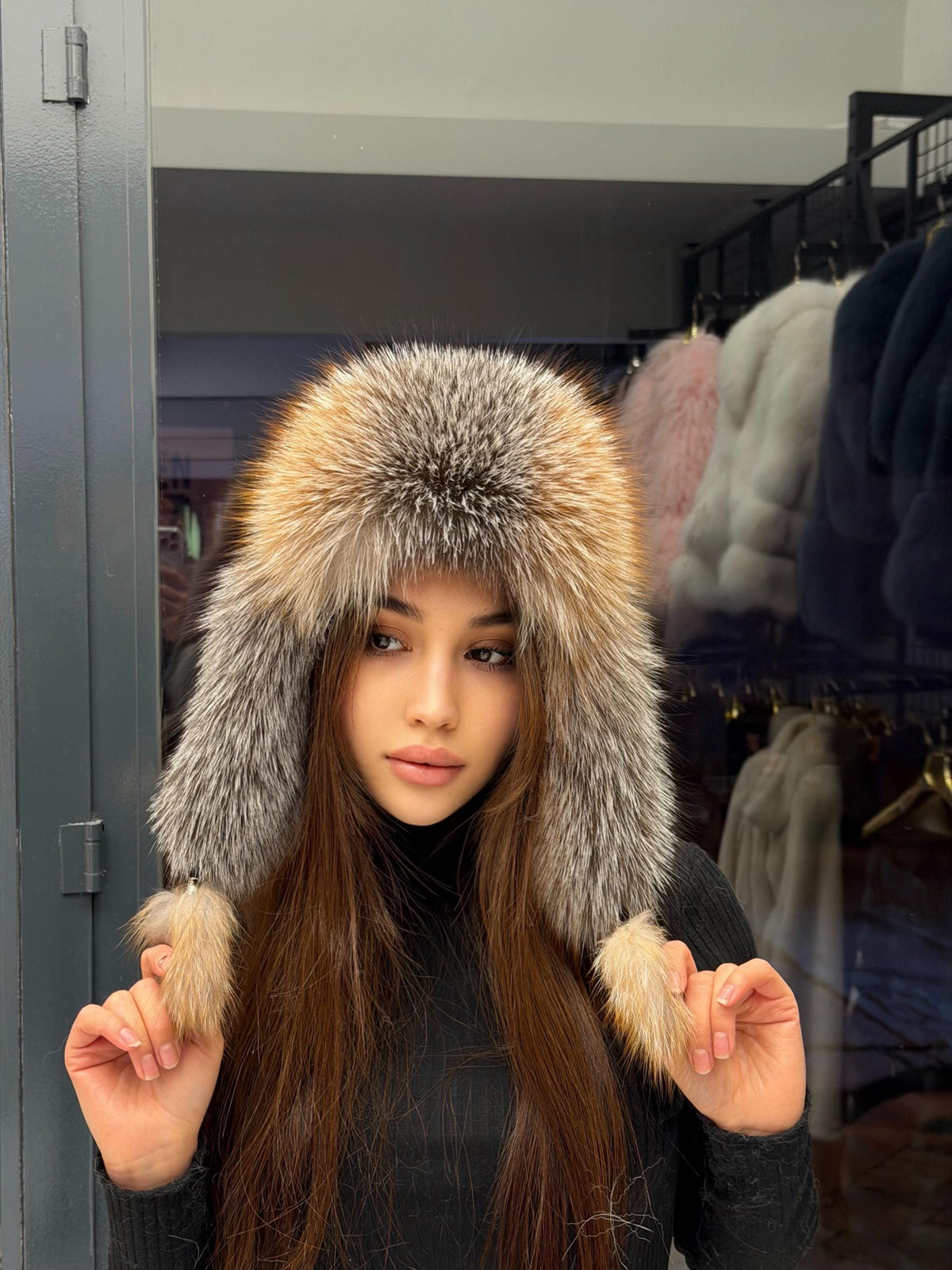 Real Fox Fur Ushanka Hat | Black Winter Russian Hat with Pom Poms | Frost Golden Fox Fur Trapper Hat Women | Cold Weather Gift