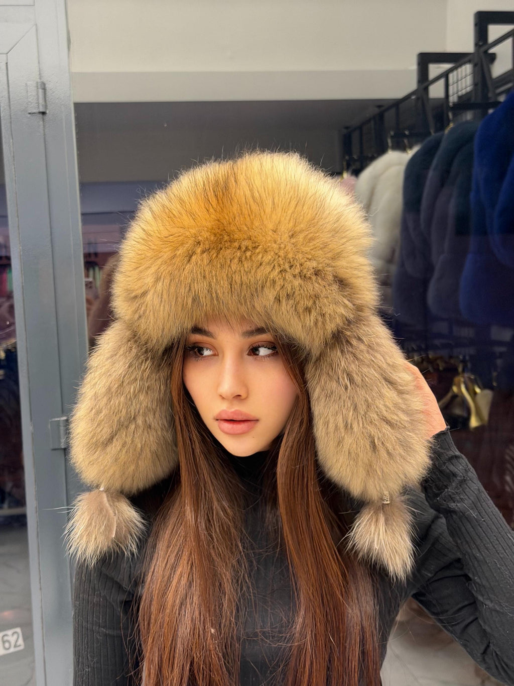 Real Fox Fur Ushanka Hat | Black Winter Russian Hat with Pom Poms | Golden Fox Fur Trapper Hat Women | Cold Weather Gift