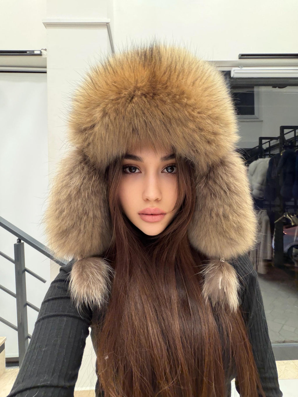 Real Fox Fur Ushanka Hat | Black Winter Russian Hat with Pom Poms | Golden Fox Fur Trapper Hat Women | Cold Weather Gift