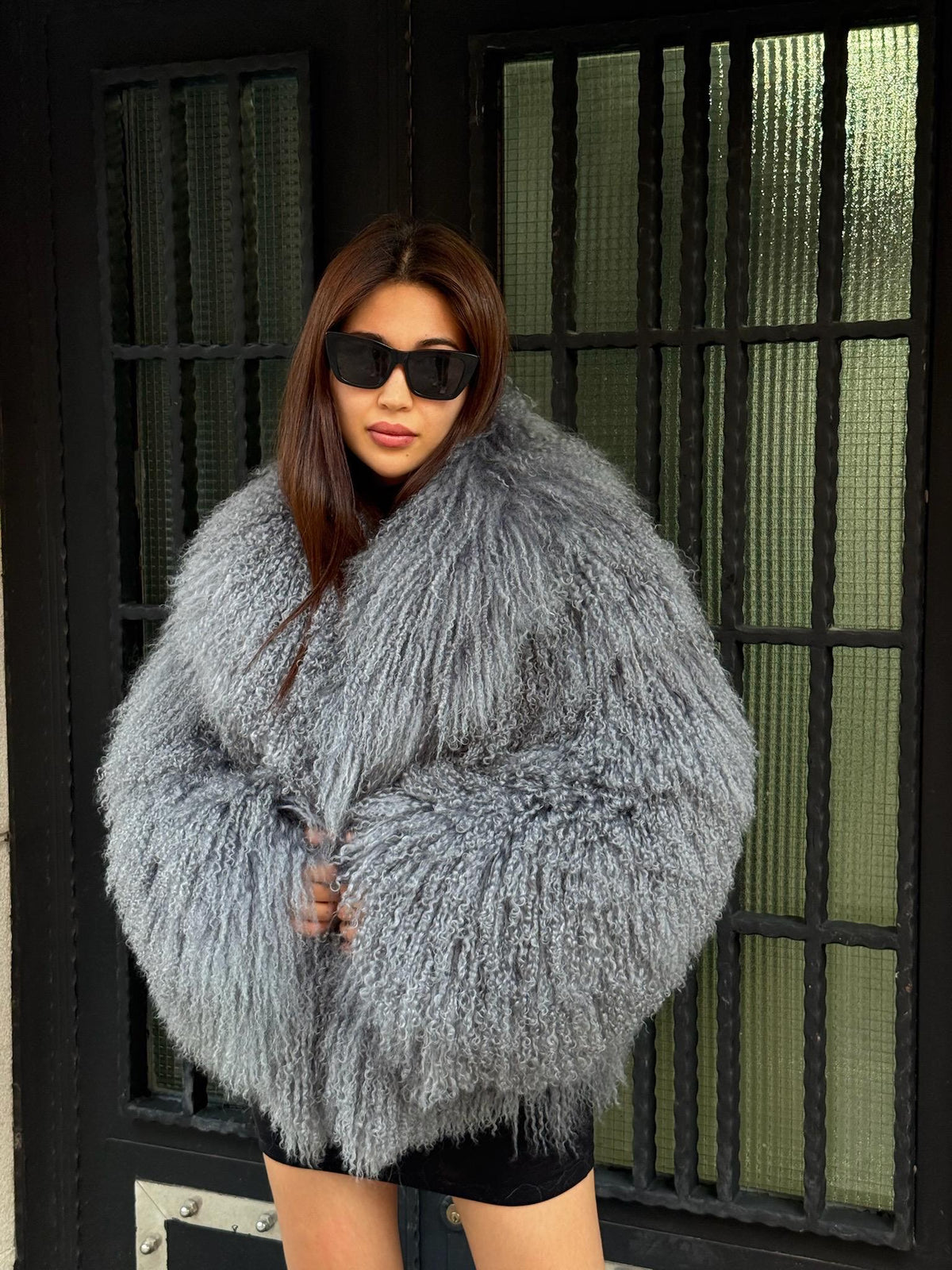 Women’s Gray Tibetan Fur Coat, Handmade Short Mongolian Shaggy Lamb Fur Jacket, Silver Lamb Fur Coat