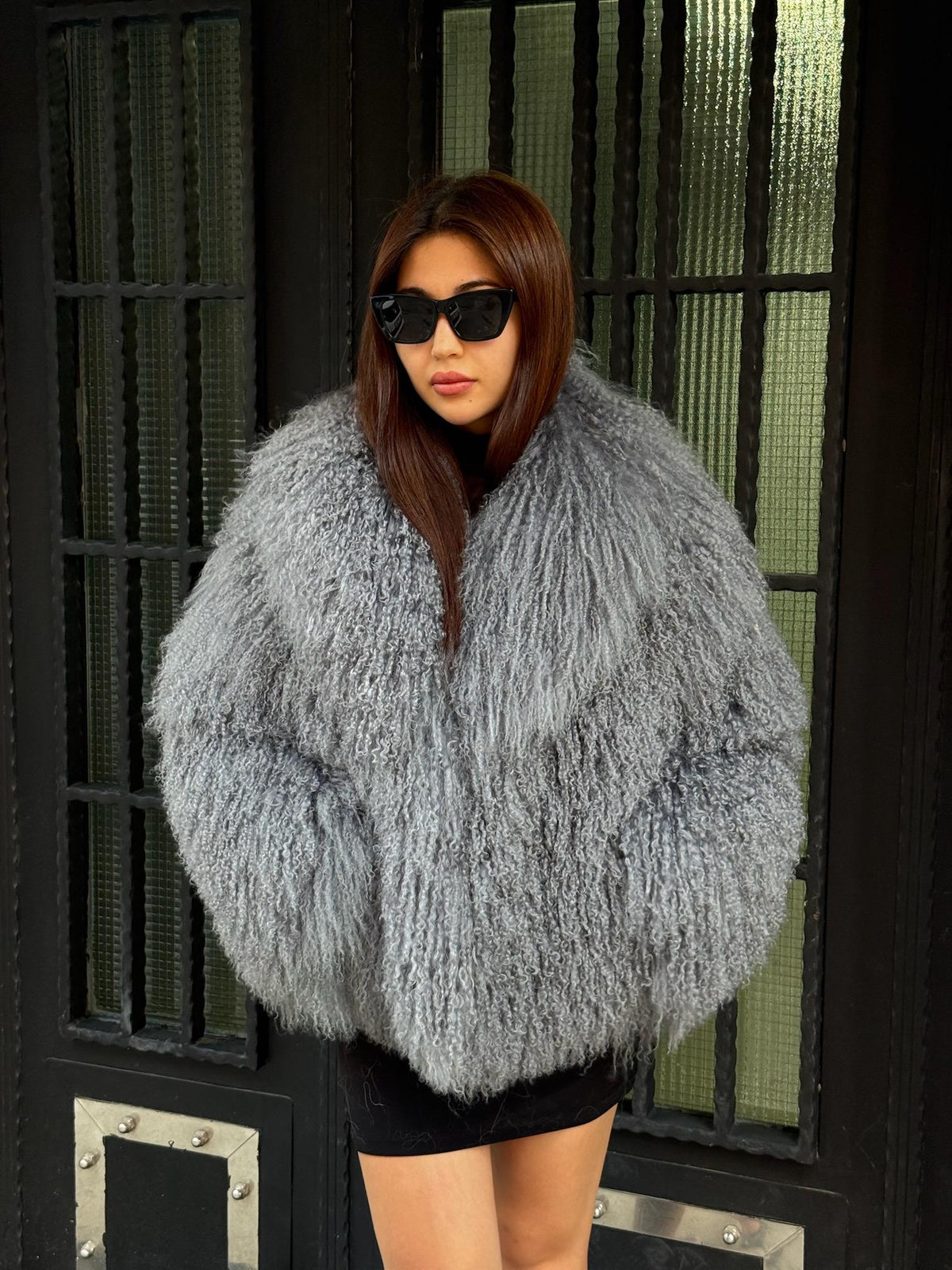 Women’s Gray Tibetan Fur Coat, Handmade Short Mongolian Shaggy Lamb Fur Jacket, Silver Lamb Fur Coat