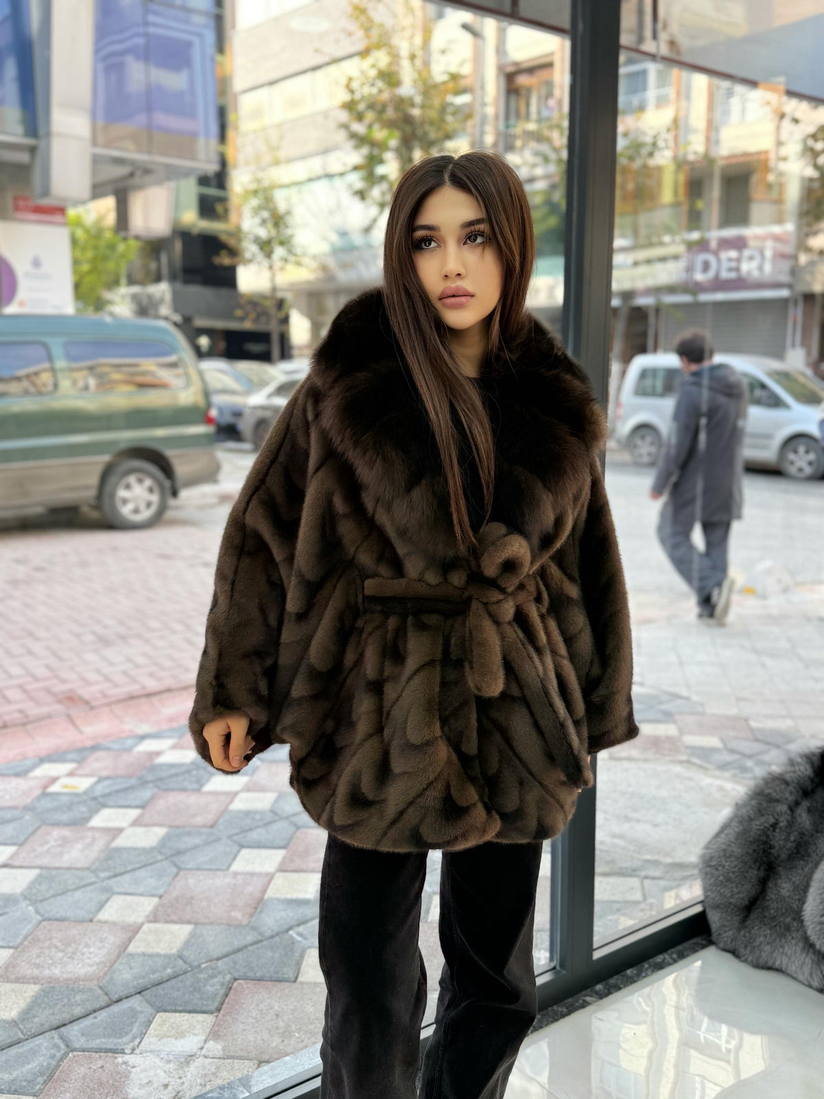 Brown Faux Mink Fur Cape With Fox Fur Trim. Collar Genuine Fox Fur Jacket