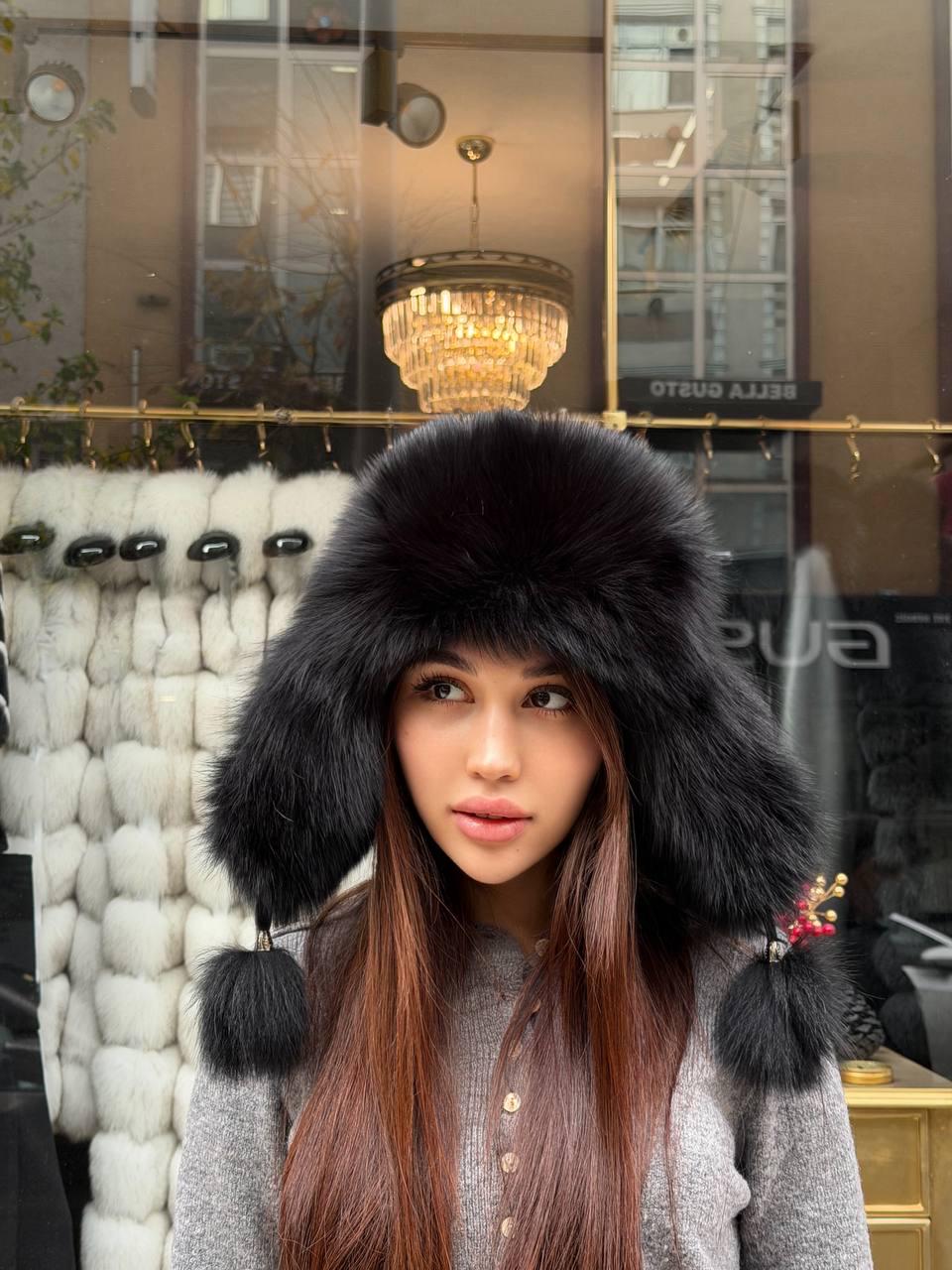 Real Fox Fur Ushanka Hat | Black Winter Russian Hat with Pom Poms | Fox Fur Trapper Hat Women | Cold Weather Gift