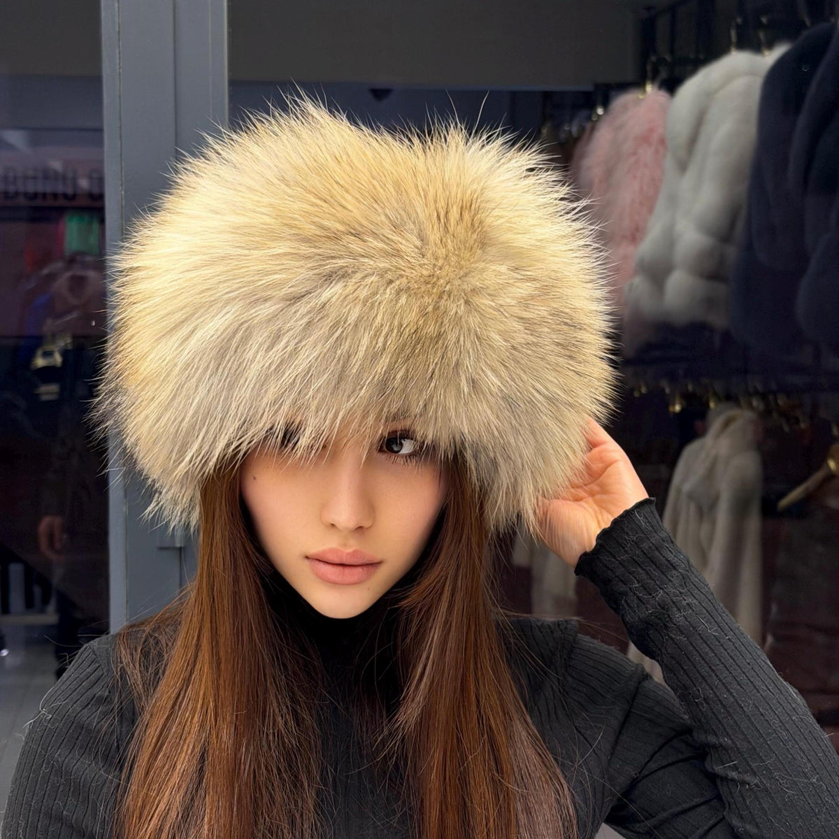 Raccoon Fox Fur Hat with Leather Top | Handmade Round Russian Winter Hat | Luxury Cossack Fur Hat for Women & Men | Warm Gift Idea