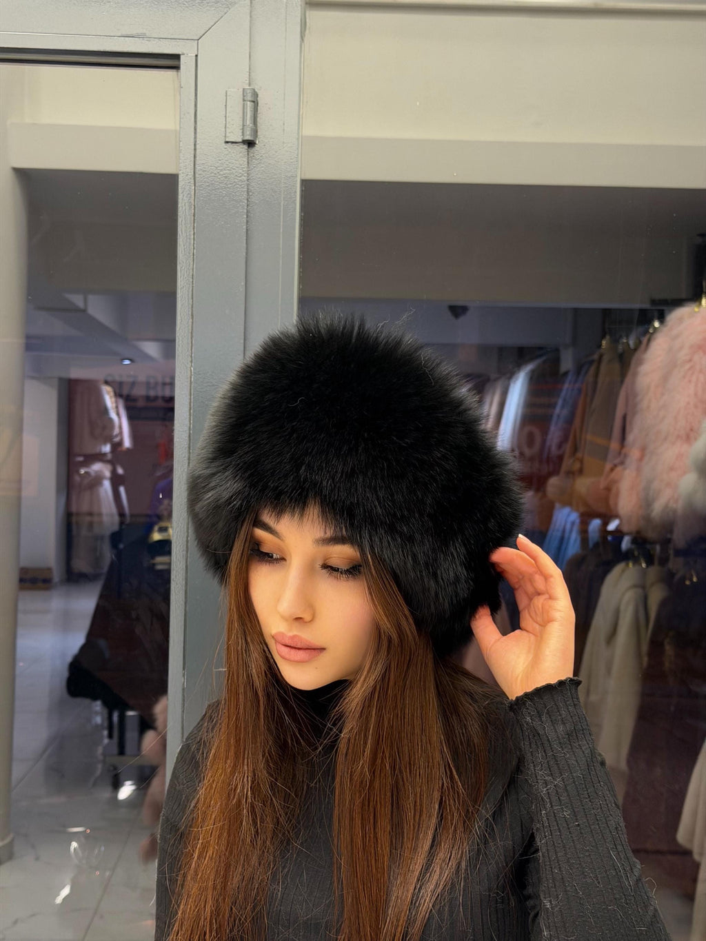 Black Real Fox Fur Hat with Leather Top | Handmade Round Russian Winter Hat | Luxury Cossack Fur Hat for Women & Men | Warm Gift Idea