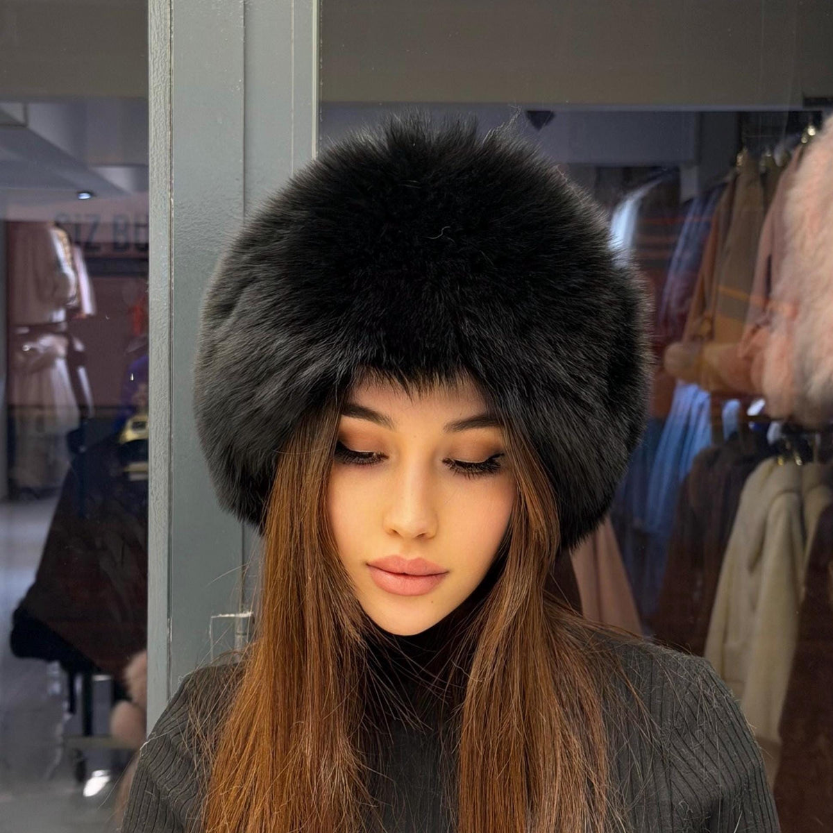 Black Real Fox Fur Hat with Leather Top | Handmade Round Russian Winter Hat | Luxury Cossack Fur Hat for Women & Men | Warm Gift Idea