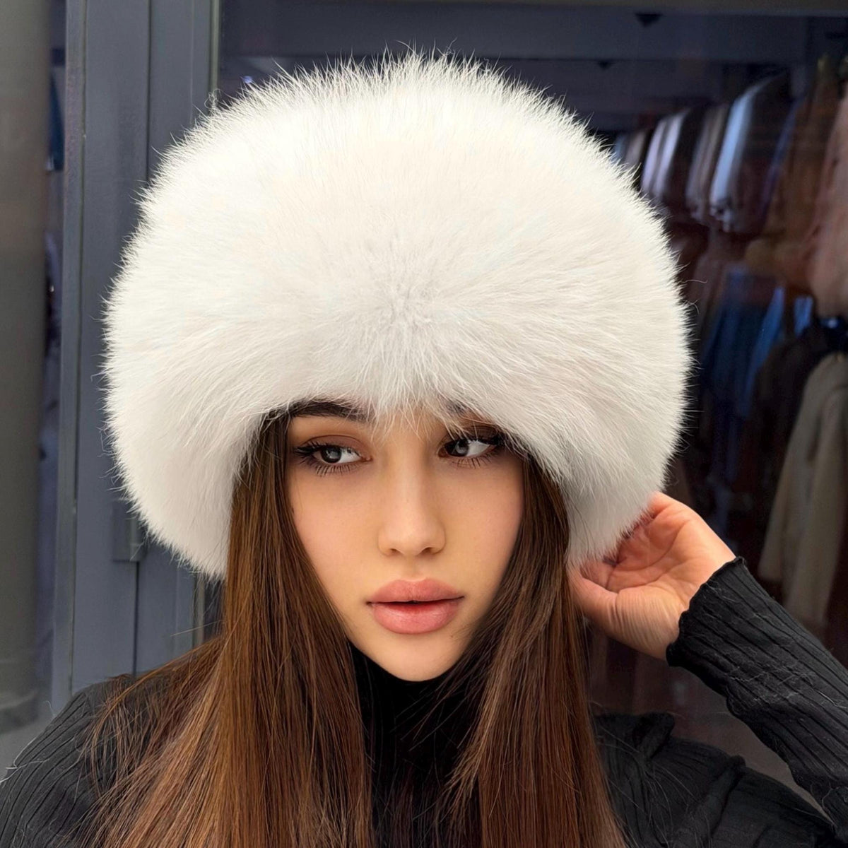 White Arctic Fox Fur Hat with Leather Top | Handmade Round Russian Winter Hat | Luxury Cossack Fur Hat for Women & Men | Warm Gift Idea