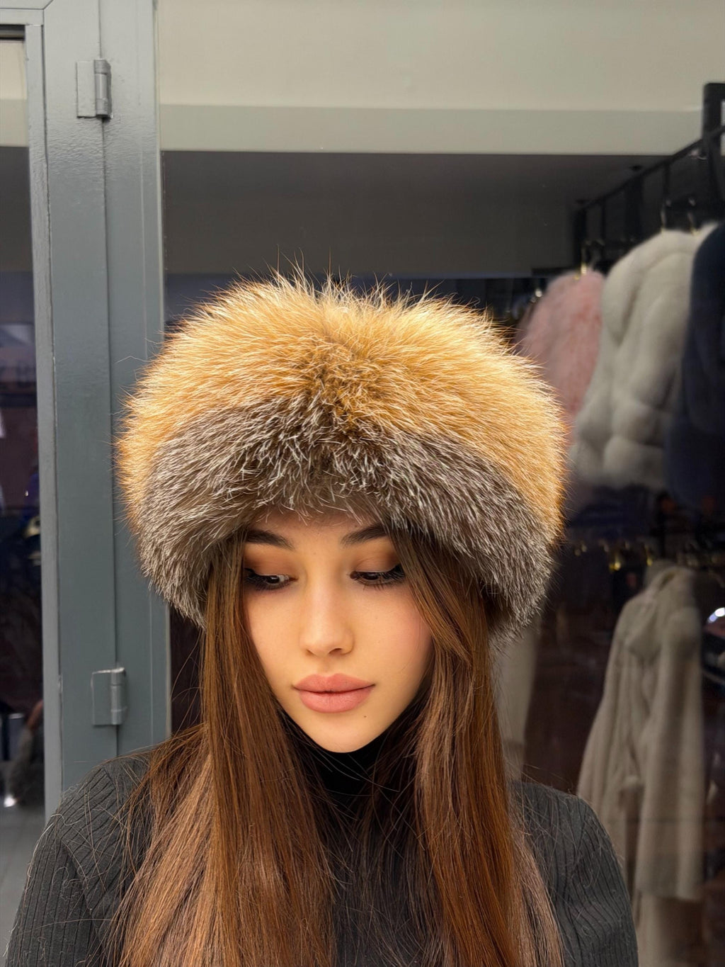 Gold Frost Fox Fur Hat with Leather Top | Handmade Round Russian Winter Hat | Luxury Cossack Fur Hat for Women & Men | Warm Gift Idea
