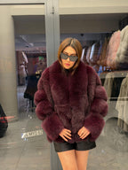 Burgundy Fox Fur Jacket, Women Shawl Collar Fox Fur Coat- Women Fox Fur Jacket. Premium Fox Fur Coat. Deep Red Fox Fur Jacket