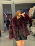 Burgundy Fox Fur Jacket, Women Shawl Collar Fox Fur Coat- Women Fox Fur Jacket. Premium Fox Fur Coat. Deep Red Fox Fur Jacket