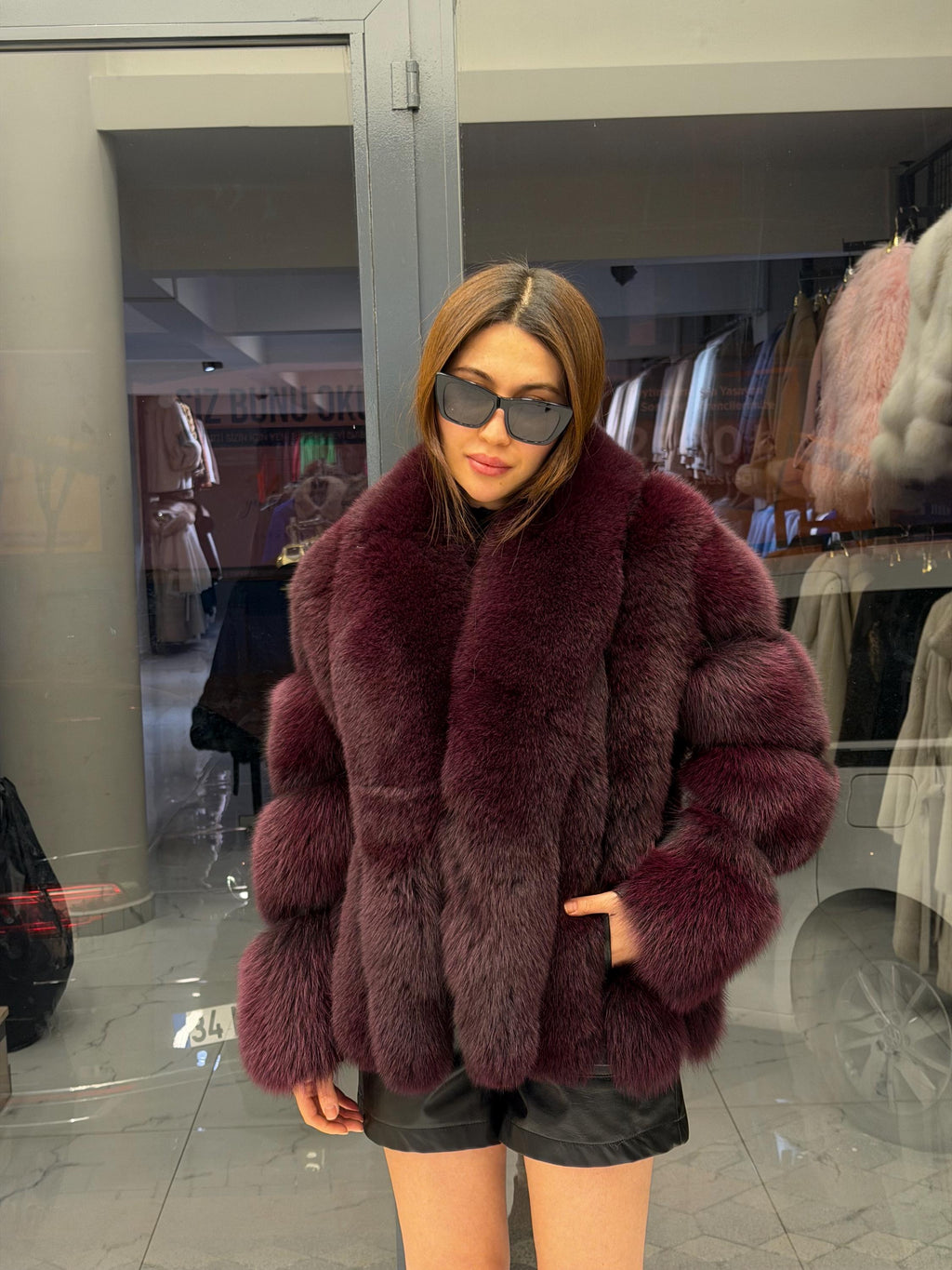 Burgundy Fox Fur Jacket, Women Shawl Collar Fox Fur Coat- Women Fox Fur Jacket. Premium Fox Fur Coat. Deep Red Fox Fur Jacket