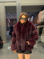 Burgundy Fox Fur Jacket, Women Shawl Collar Fox Fur Coat- Women Fox Fur Jacket. Premium Fox Fur Coat. Deep Red Fox Fur Jacket