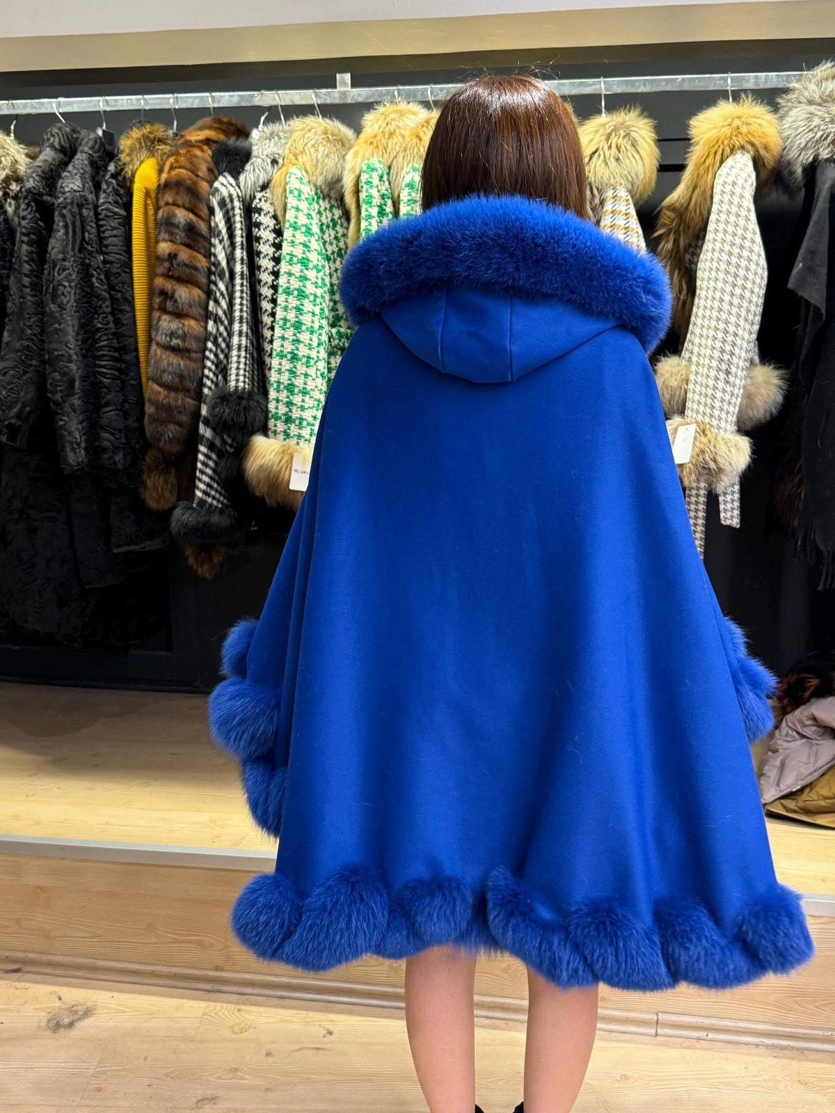Sax Blue Wool Cashmere Cape Coat with Fox Fur Trim – Luxury Hooded Winter Wrap, Elegant Oversized Shawl Poncho, Plus Size Cloak,