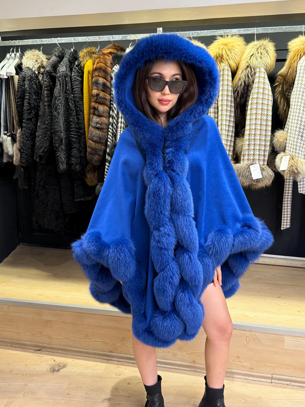 Sax Blue Wool Cashmere Cape Coat with Fox Fur Trim – Luxury Hooded Winter Wrap, Elegant Oversized Shawl Poncho, Plus Size Cloak,