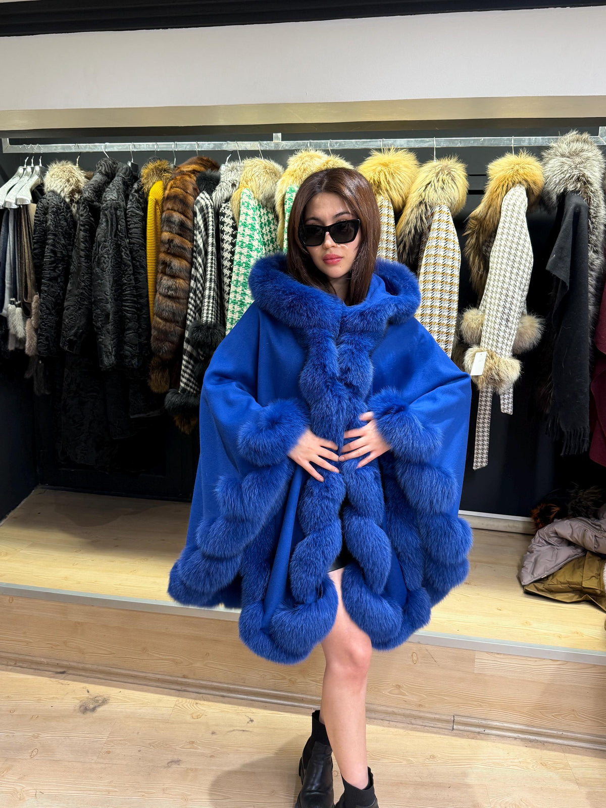 Sax Blue Wool Cashmere Cape Coat with Fox Fur Trim – Luxury Hooded Winter Wrap, Elegant Oversized Shawl Poncho, Plus Size Cloak,