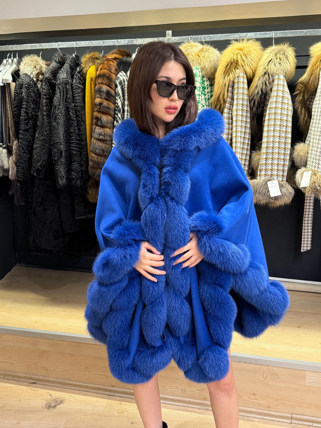 Sax Blue Wool Cashmere Cape Coat with Fox Fur Trim – Luxury Hooded Winter Wrap, Elegant Oversized Shawl Poncho, Plus Size Cloak,