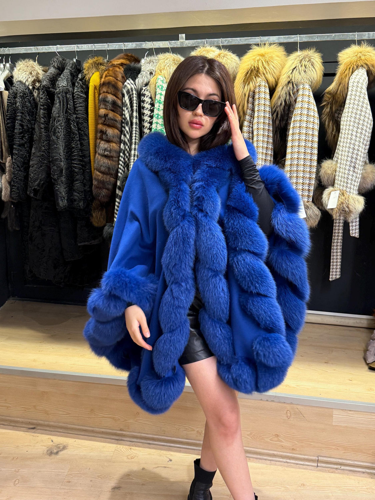 Sax Blue Wool Cashmere Cape Coat with Fox Fur Trim – Luxury Hooded Winter Wrap, Elegant Oversized Shawl Poncho, Plus Size Cloak,