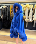Sax Blue Wool Cashmere Cape Coat with Fox Fur Trim – Luxury Hooded Winter Wrap, Elegant Oversized Shawl Poncho, Plus Size Cloak,