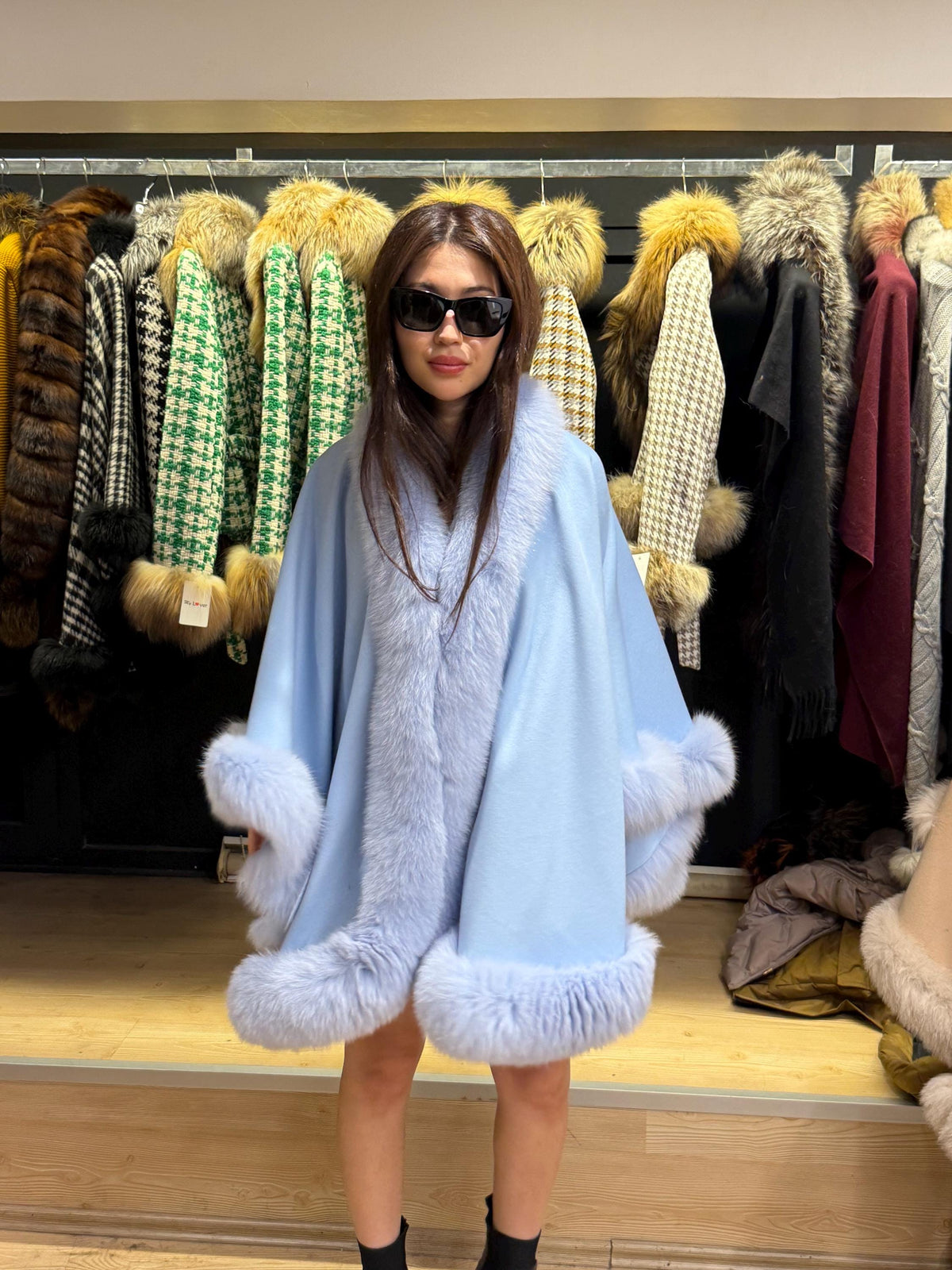 Blue Wool Cashmere Cape Coat with Fox Fur Trim – Luxury Winter Wrap, Elegant Oversized Shawl, Plus Size Cloak. Fox Fur Jacket. Fox Fur