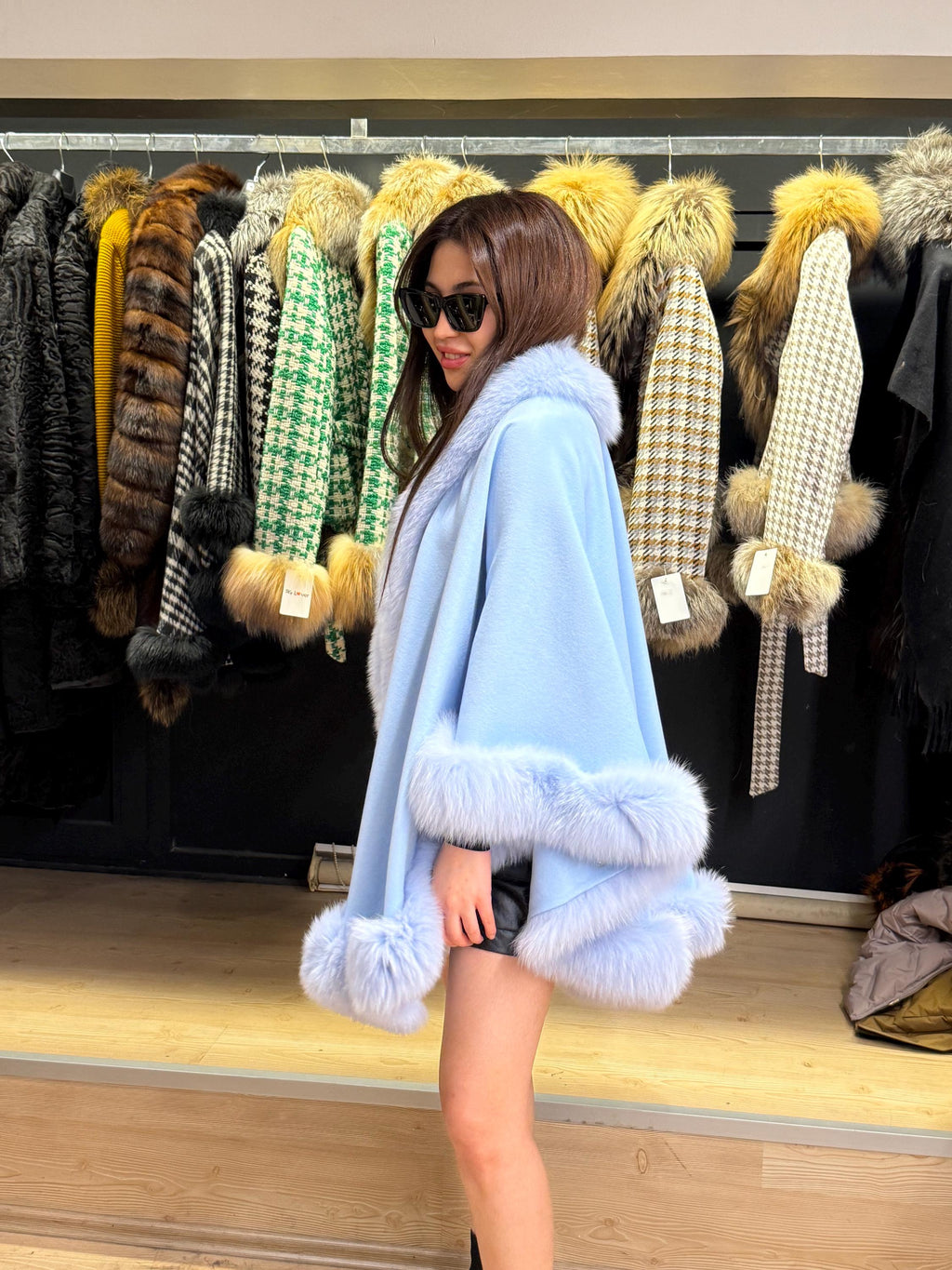 Blue Wool Cashmere Cape Coat with Fox Fur Trim – Luxury Winter Wrap, Elegant Oversized Shawl, Plus Size Cloak. Fox Fur Jacket. Fox Fur