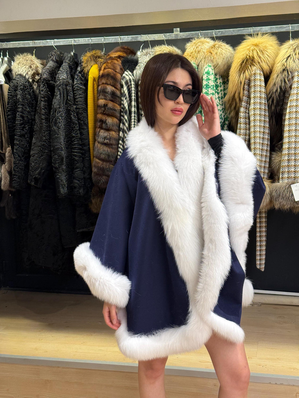 Navy Blue Wool Cashmere Cape with Fox Fur Trim – Luxury Winter Wrap, Elegant Oversized Shawl. Fox Fur Jacket. Arctic Fox Fur Coat