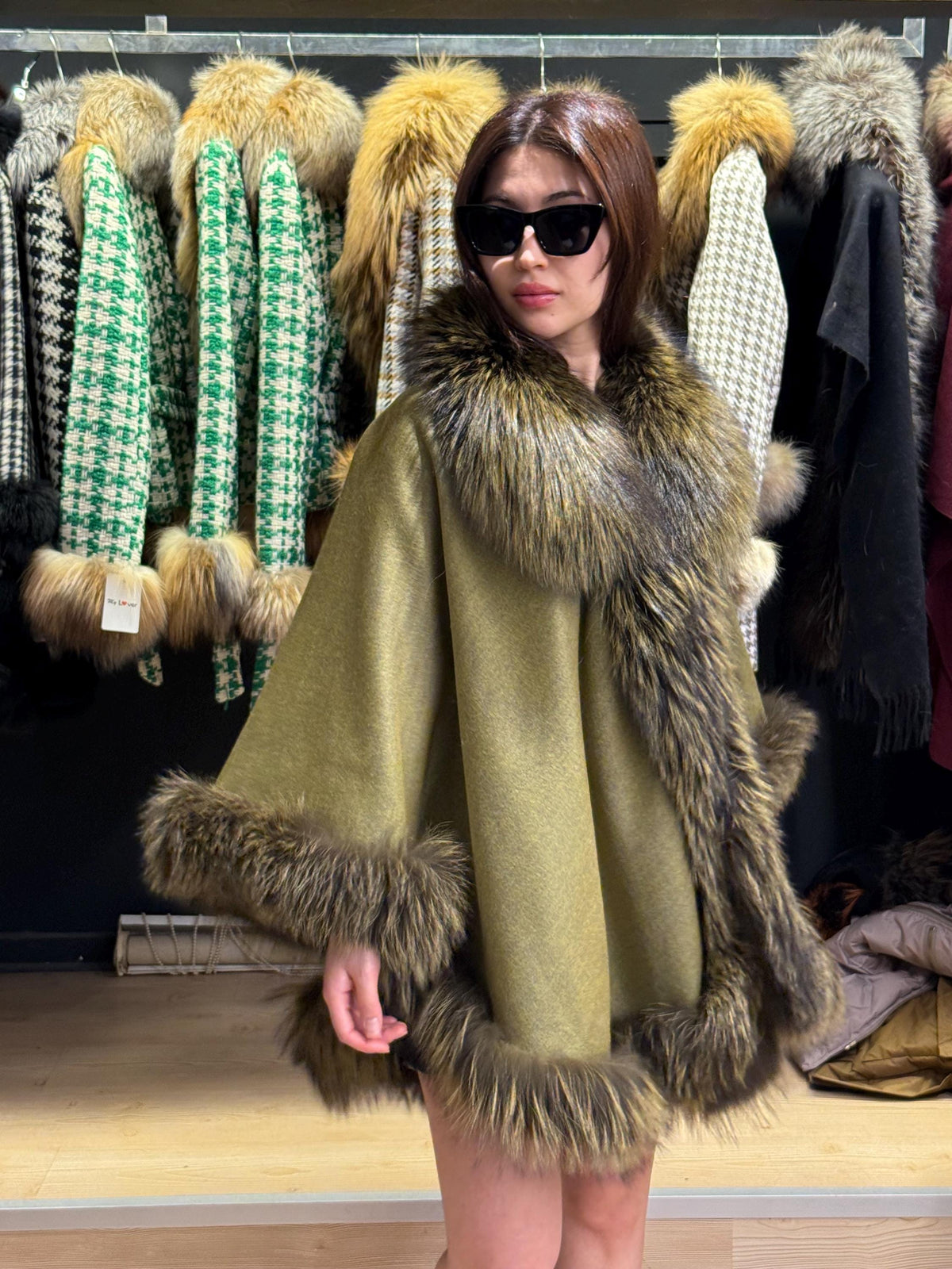 Green Wool Cashmere Cape Coat with Fox Fur Trim – Luxury Winter Wrap, Elegant Oversized Shawl, Plus Size Cloak. Fox Fur Jacket. Fox Fur