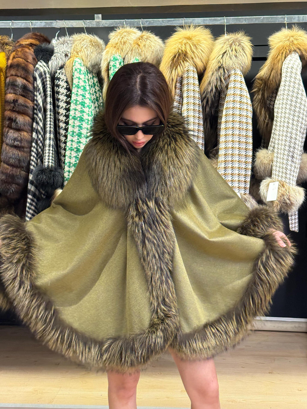 Green Wool Cashmere Cape Coat with Fox Fur Trim – Luxury Winter Wrap, Elegant Oversized Shawl, Plus Size Cloak. Fox Fur Jacket. Fox Fur