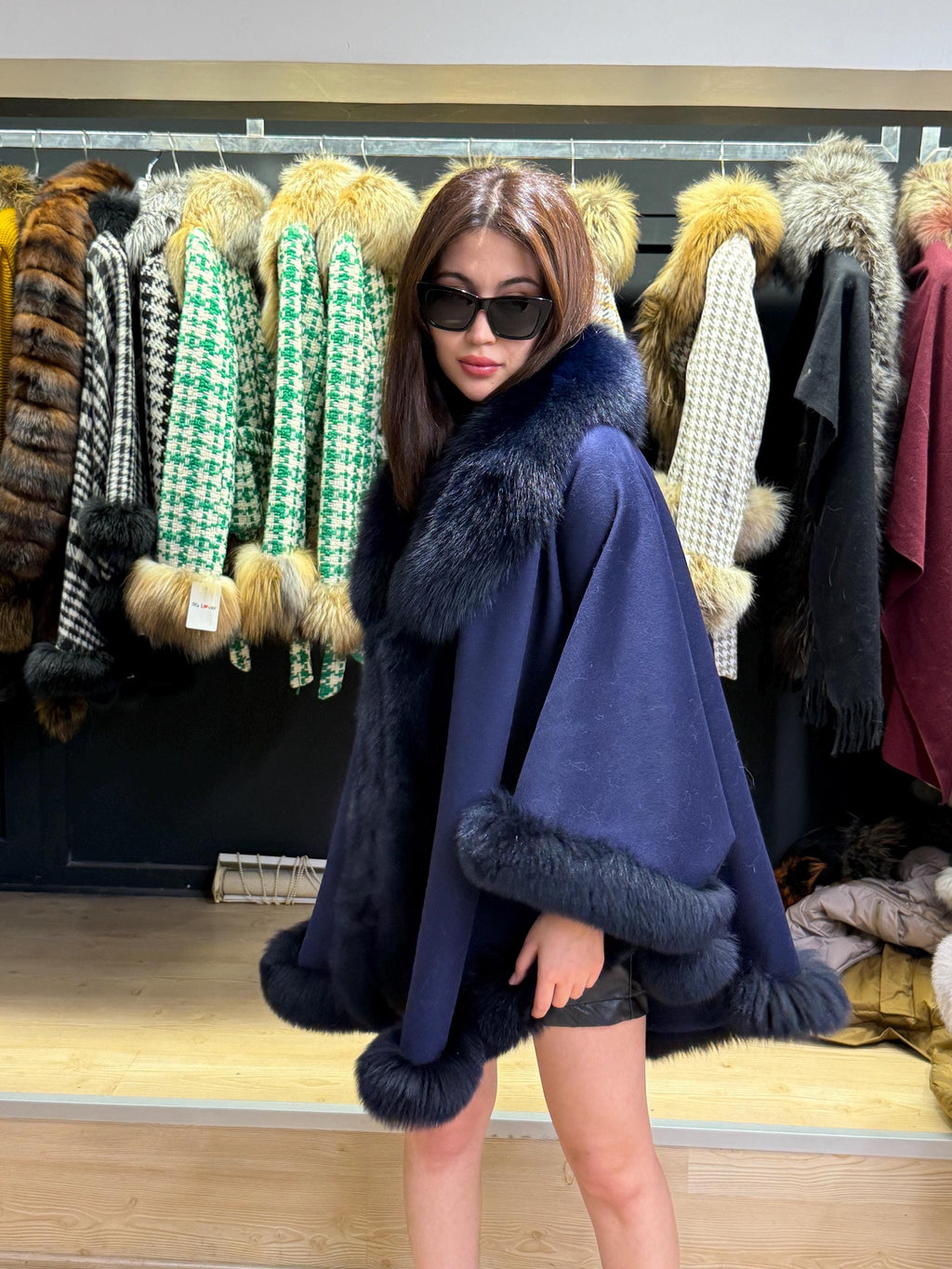 Navy Blue Wool Cashmere Cape with Fox Fur Trim – Luxury Winter Wrap, Elegant Oversized Shawl. Fox Fur Jacket. Blue Fox Fur Coat