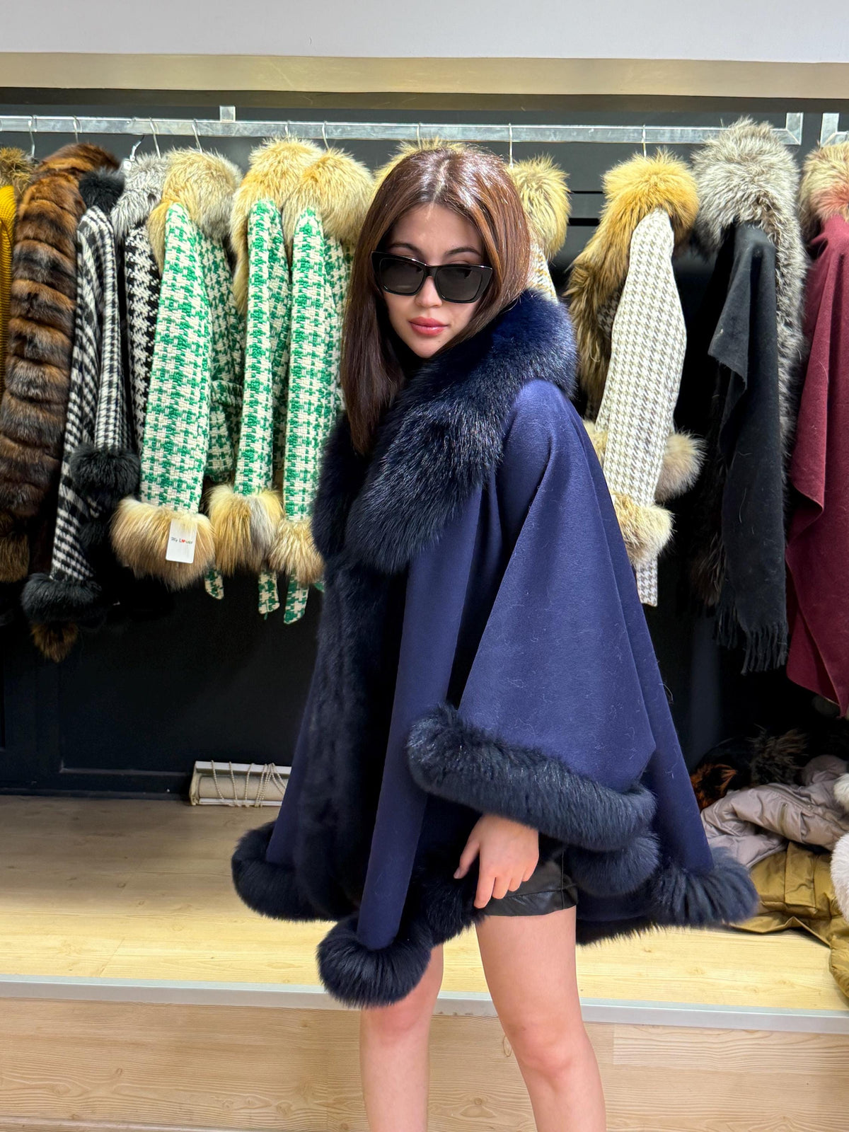 Navy Blue Wool Cashmere Cape with Fox Fur Trim – Luxury Winter Wrap, Elegant Oversized Shawl. Fox Fur Jacket. Blue Fox Fur Coat