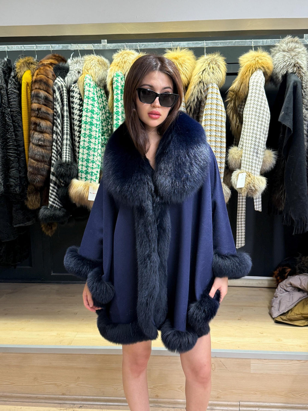 Navy Blue Wool Cashmere Cape with Fox Fur Trim – Luxury Winter Wrap, Elegant Oversized Shawl. Fox Fur Jacket. Blue Fox Fur Coat