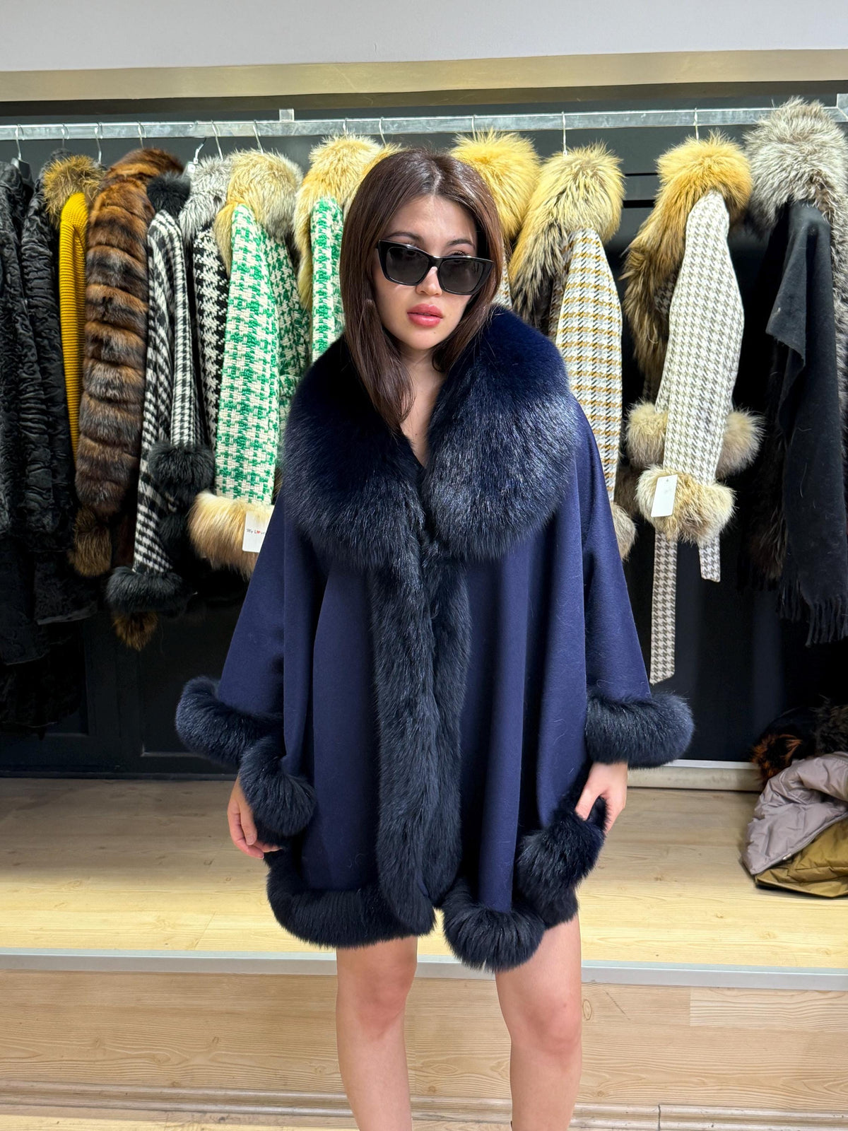 Navy Blue Wool Cashmere Cape with Fox Fur Trim – Luxury Winter Wrap, Elegant Oversized Shawl. Fox Fur Jacket. Blue Fox Fur Coat