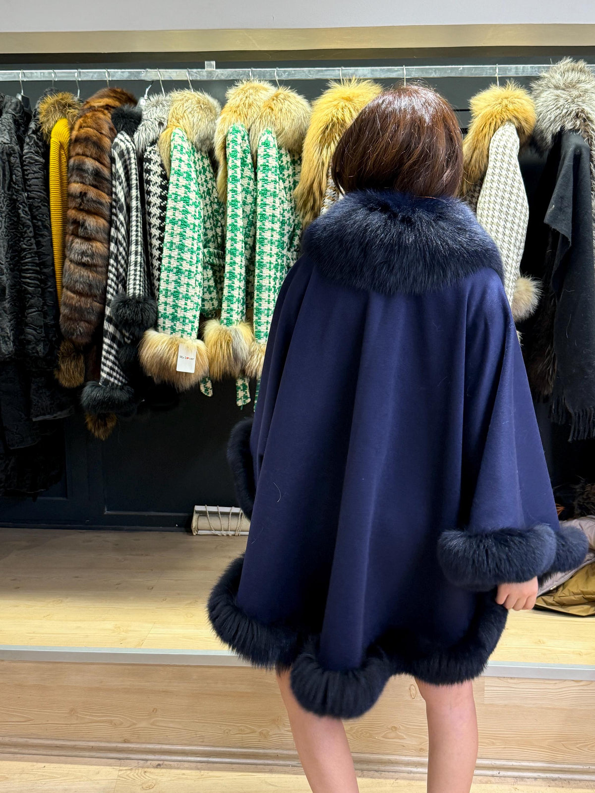 Navy Blue Wool Cashmere Cape with Fox Fur Trim – Luxury Winter Wrap, Elegant Oversized Shawl. Fox Fur Jacket. Blue Fox Fur Coat