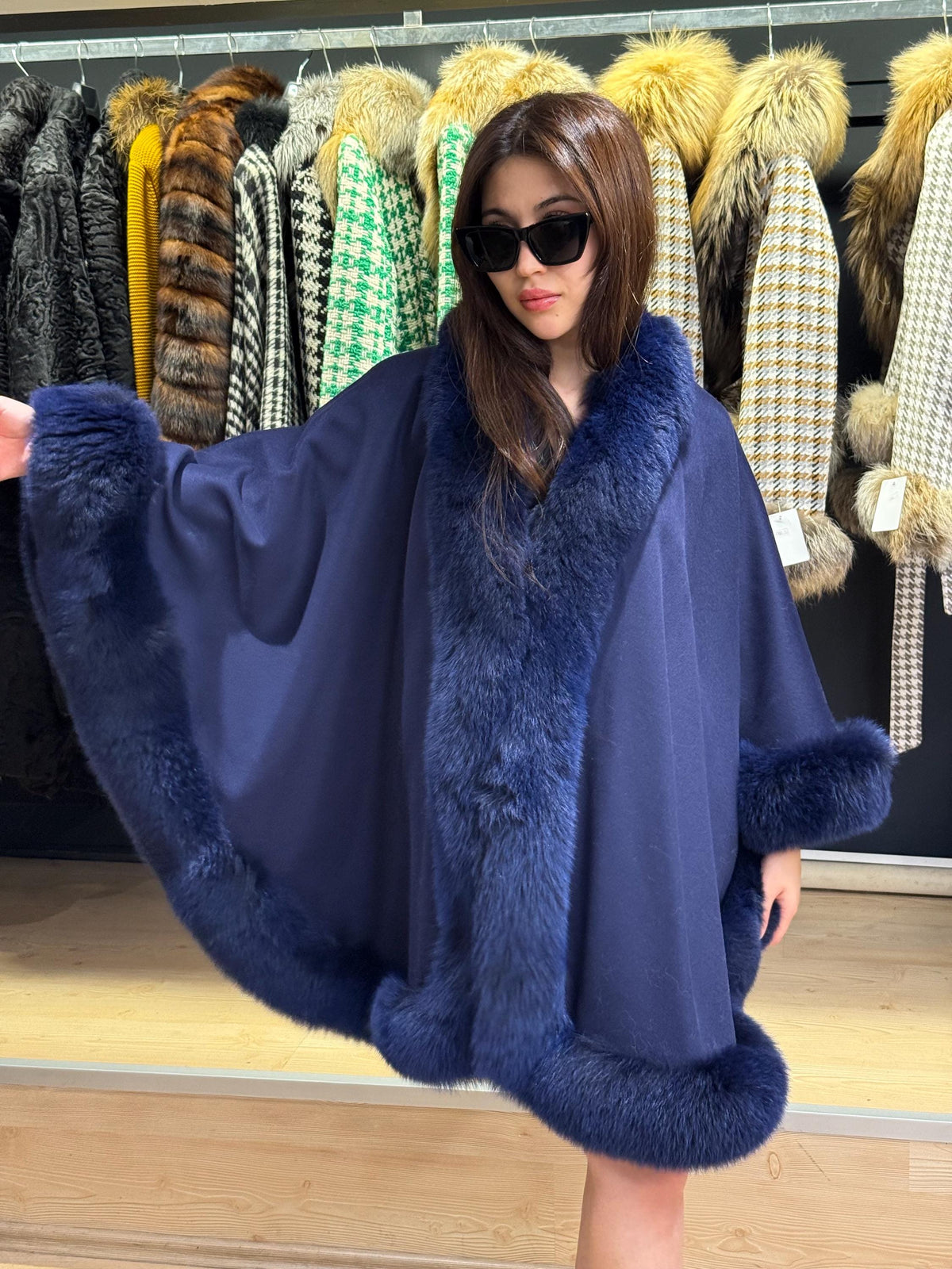 Navy Blue Wool Cashmere Cape with Fox Fur Trim – Luxury Winter Wrap, Elegant Oversized Shawl. Fox Fur Jacket. Blue Fox Fur Coat
