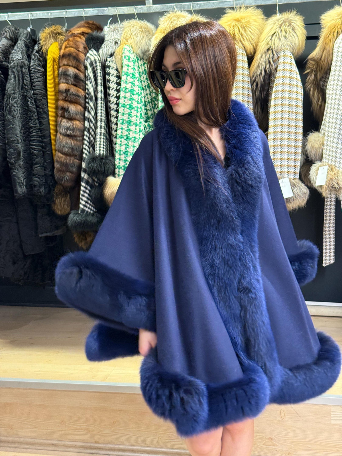 Navy Blue Wool Cashmere Cape with Fox Fur Trim – Luxury Winter Wrap, Elegant Oversized Shawl. Fox Fur Jacket. Blue Fox Fur Coat