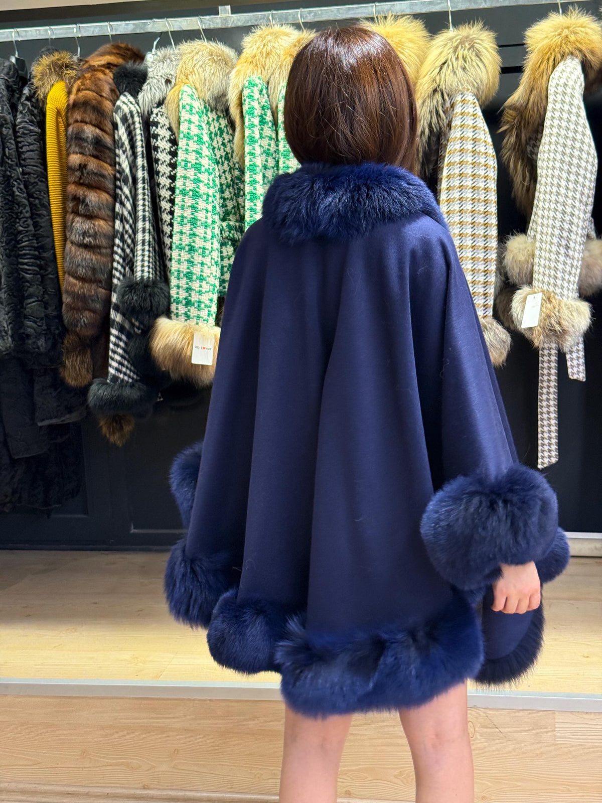 Navy Blue Wool Cashmere Cape with Fox Fur Trim – Luxury Winter Wrap, Elegant Oversized Shawl. Fox Fur Jacket. Blue Fox Fur Coat