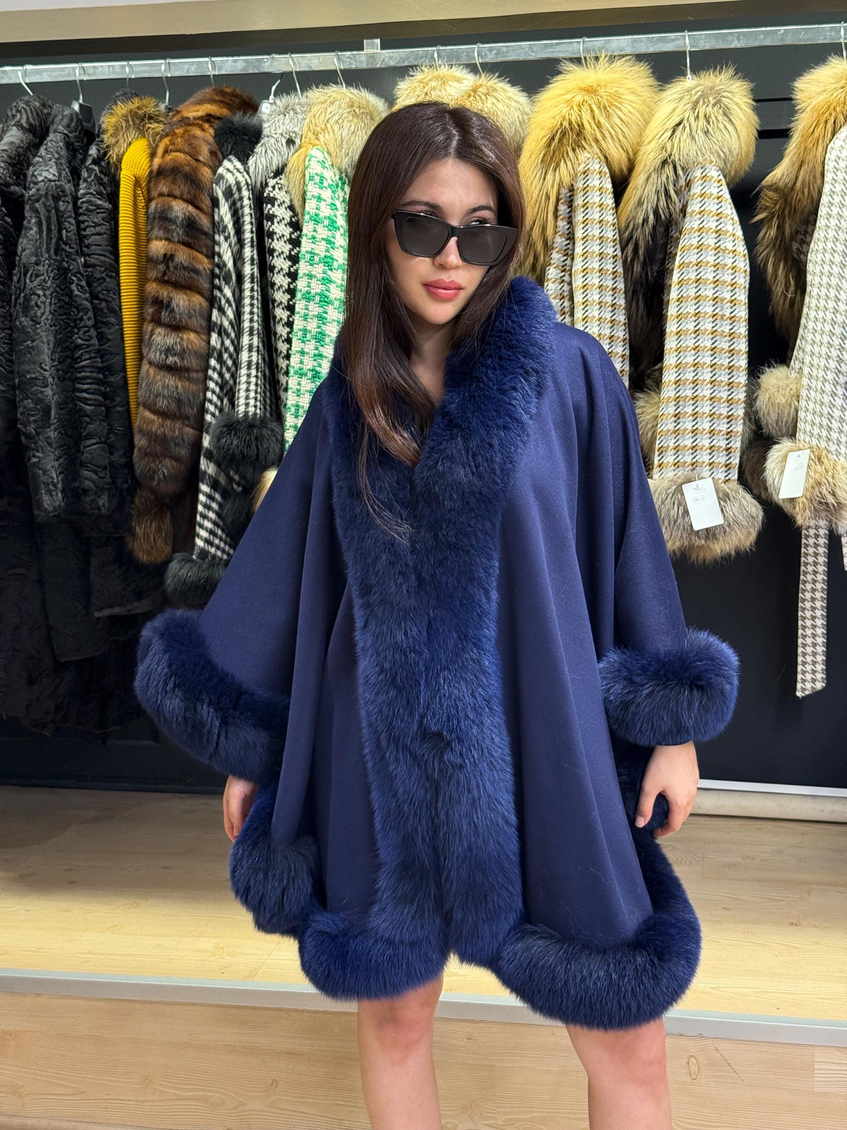 Navy Blue Wool Cashmere Cape with Fox Fur Trim – Luxury Winter Wrap, Elegant Oversized Shawl. Fox Fur Jacket. Blue Fox Fur Coat