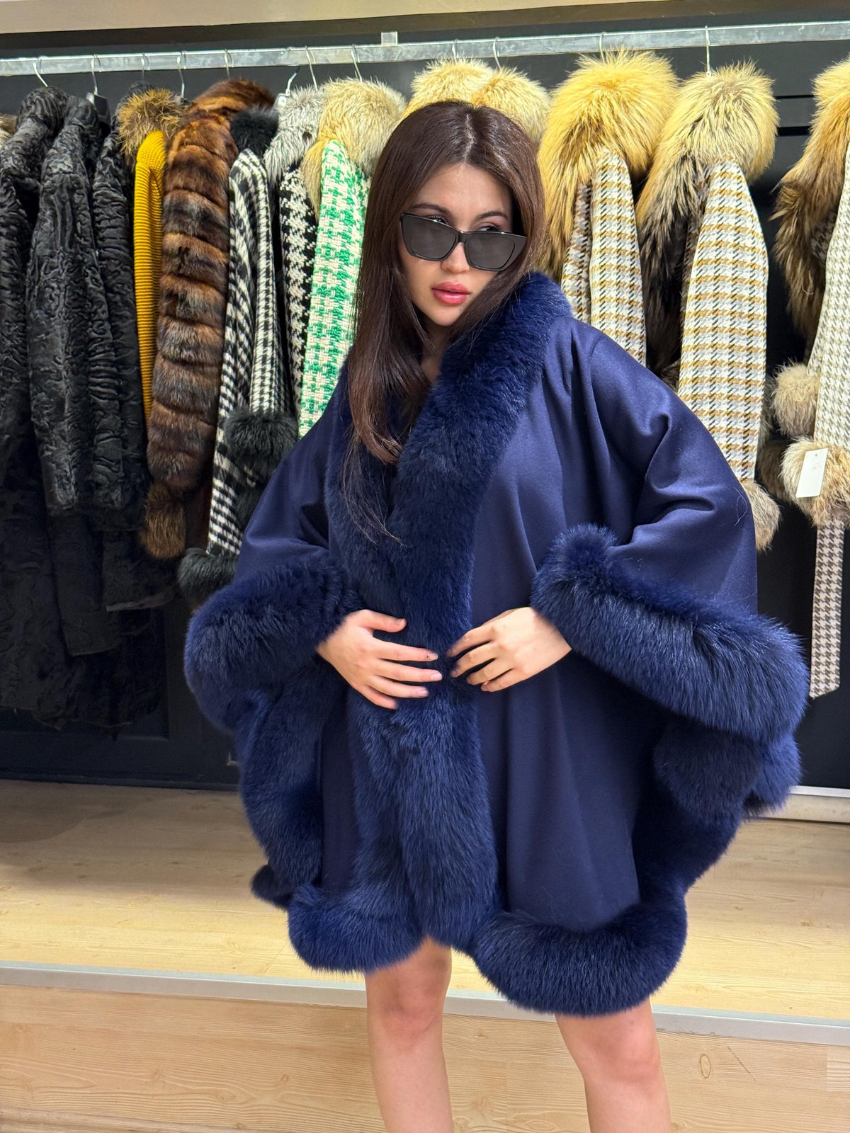 Navy Blue Wool Cashmere Cape with Fox Fur Trim – Luxury Winter Wrap, Elegant Oversized Shawl. Fox Fur Jacket. Blue Fox Fur Coat