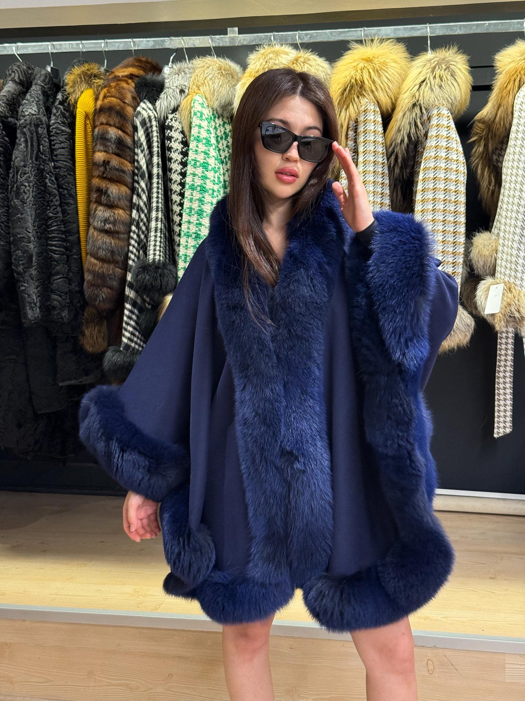 Navy Blue Wool Cashmere Cape with Fox Fur Trim – Luxury Winter Wrap, Elegant Oversized Shawl. Fox Fur Jacket. Blue Fox Fur Coat