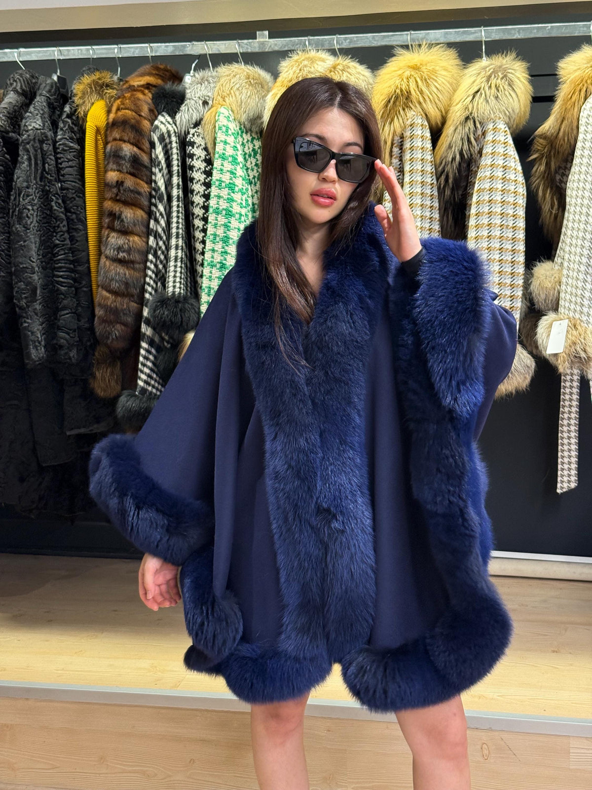 Navy Blue Wool Cashmere Cape with Fox Fur Trim – Luxury Winter Wrap, Elegant Oversized Shawl. Fox Fur Jacket. Blue Fox Fur Coat