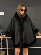 Luxury Black Cashmere Wool Cape With Fox Fur Trim, Handmade Women Plus Size Fur Trim Shawl. Fox Fur Shawl, fox Fur jacket
