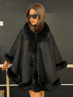 Luxury Black Cashmere Wool Cape With Fox Fur Trim, Handmade Women Plus Size Fur Trim Shawl. Fox Fur Shawl, fox Fur jacket