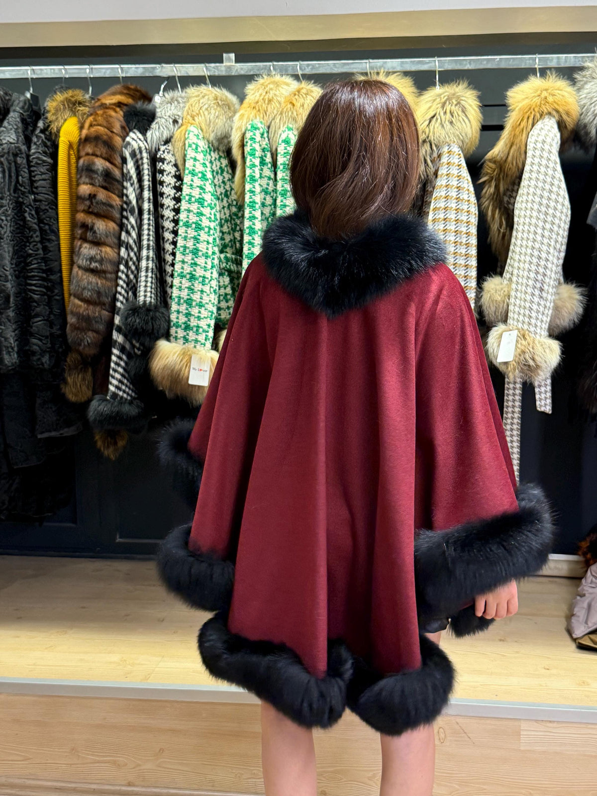 Burgundy Cashmere Cape with Fox Fur Trim: Wool Shawl With fox Fur. Front Skirt- Fox Fur Jacket. Burgundy Fox Fur Jacket. Fox Fur Cape