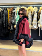 Burgundy Cashmere Cape with Fox Fur Trim: Wool Shawl With fox Fur. Front Skirt- Fox Fur Jacket. Burgundy Fox Fur Jacket. Fox Fur Cape