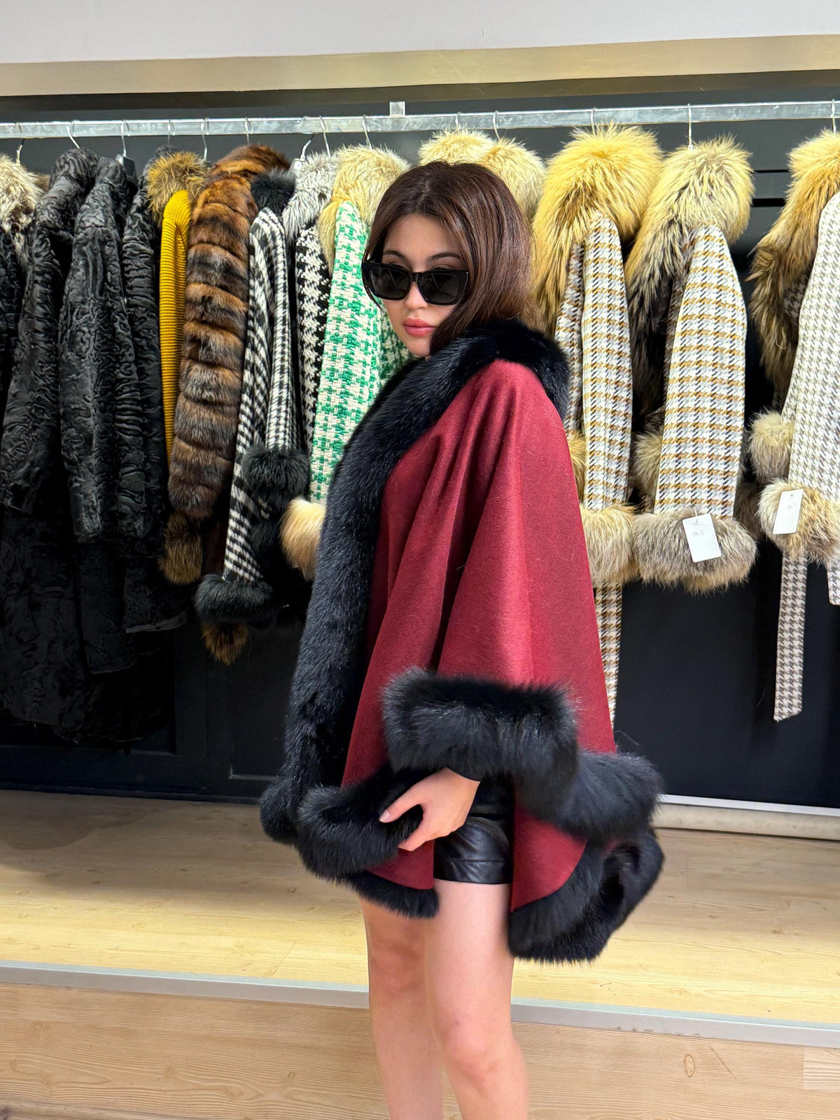Burgundy Cashmere Cape with Fox Fur Trim: Wool Shawl With fox Fur. Front Skirt- Fox Fur Jacket. Burgundy Fox Fur Jacket. Fox Fur Cape