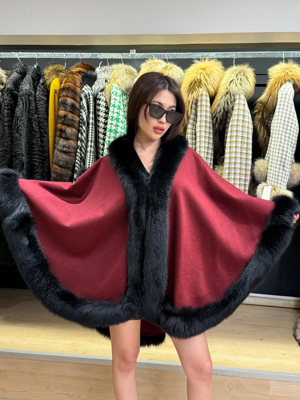 Burgundy Cashmere Cape with Fox Fur Trim: Wool Shawl With fox Fur. Front Skirt- Fox Fur Jacket. Burgundy Fox Fur Jacket. Fox Fur Cape