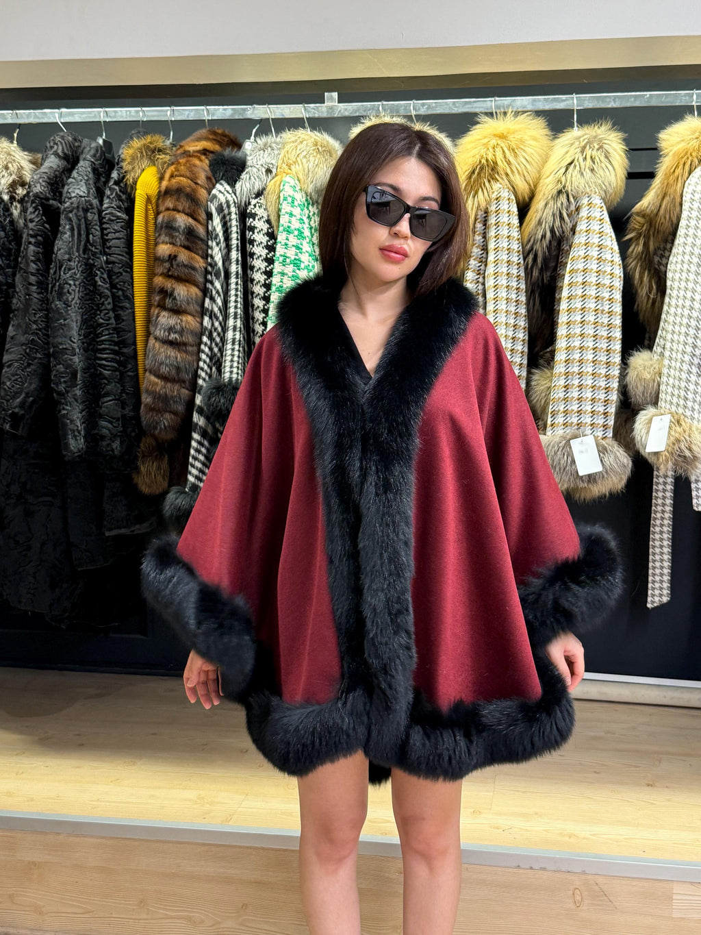 Burgundy Cashmere Cape with Fox Fur Trim: Wool Shawl With fox Fur. Front Skirt- Fox Fur Jacket. Burgundy Fox Fur Jacket. Fox Fur Cape