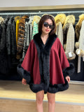 Burgundy Cashmere Cape with Fox Fur Trim: Wool Shawl With fox Fur. Front Skirt- Fox Fur Jacket. Burgundy Fox Fur Jacket. Fox Fur Cape