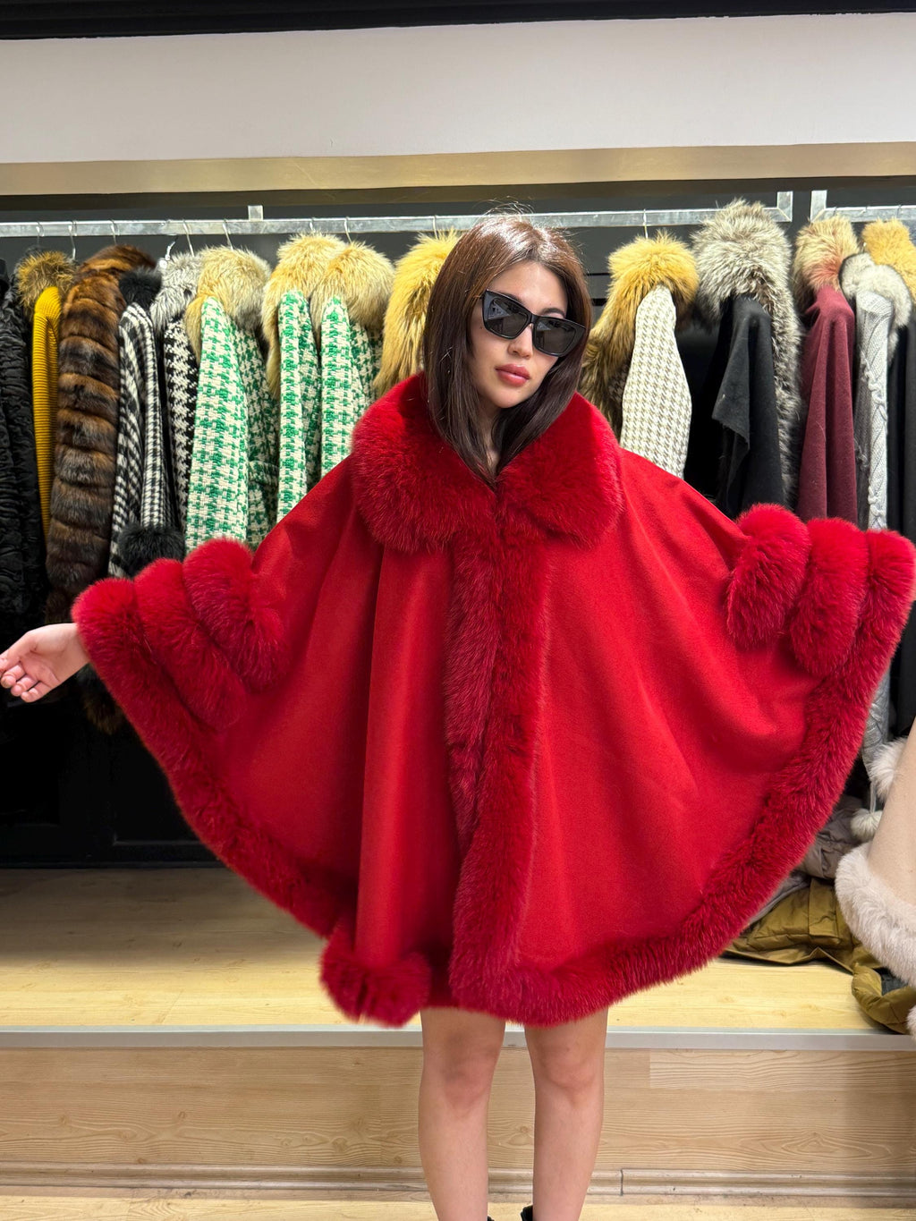 Red Wool Cashmere Cape Coat with Fox Fur Trim, Women Fox Fur Jacket..- Red Fox Fur Jacket.. Fox Fur Cape— Fox Fur