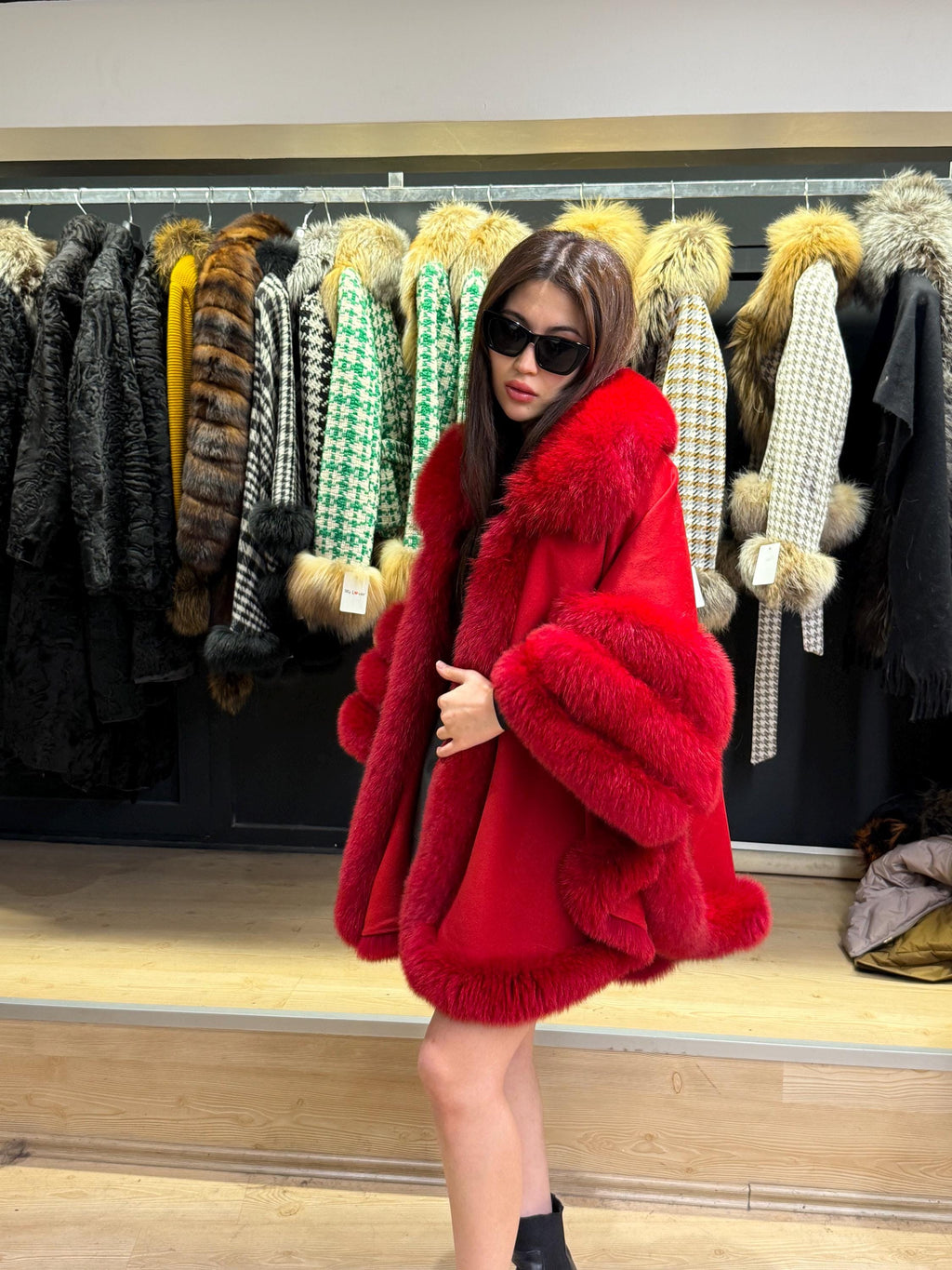 Red Wool Cashmere Cape Coat with Fox Fur Trim, Women Fox Fur Jacket..- Red Fox Fur Jacket.. Fox Fur Cape— Fox Fur